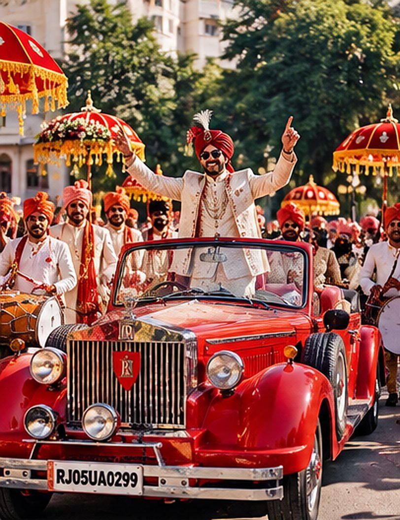 Groom standing in a red Rolls-Royce style baraat vintage car with dhol players, Udaipur