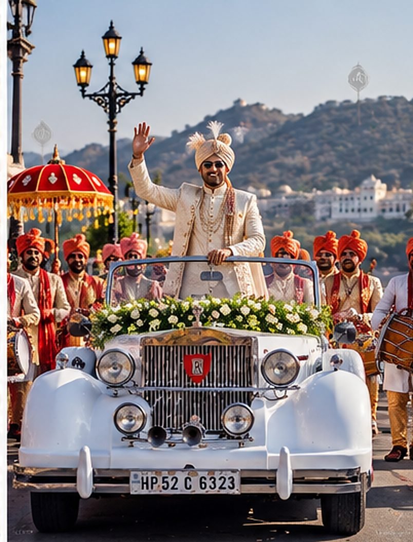 Groom with a ceremonial staff in a white baraat vintage car decorated with red roses, Udaipur