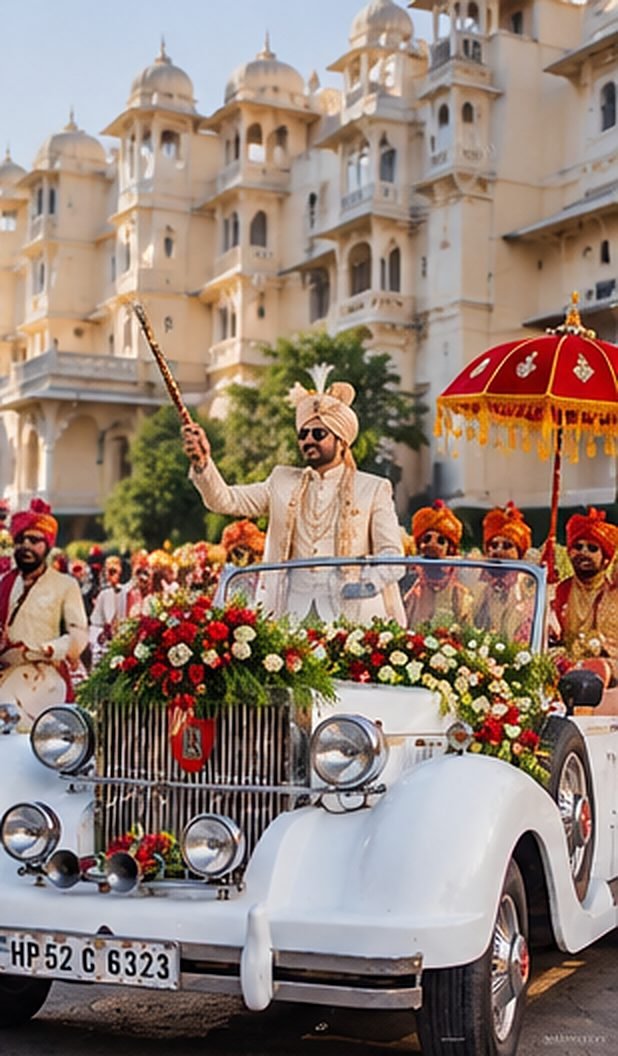 Groom waving from a white Rolls-Royce style vintage car with a white flower garland in a baraat, Udaipur