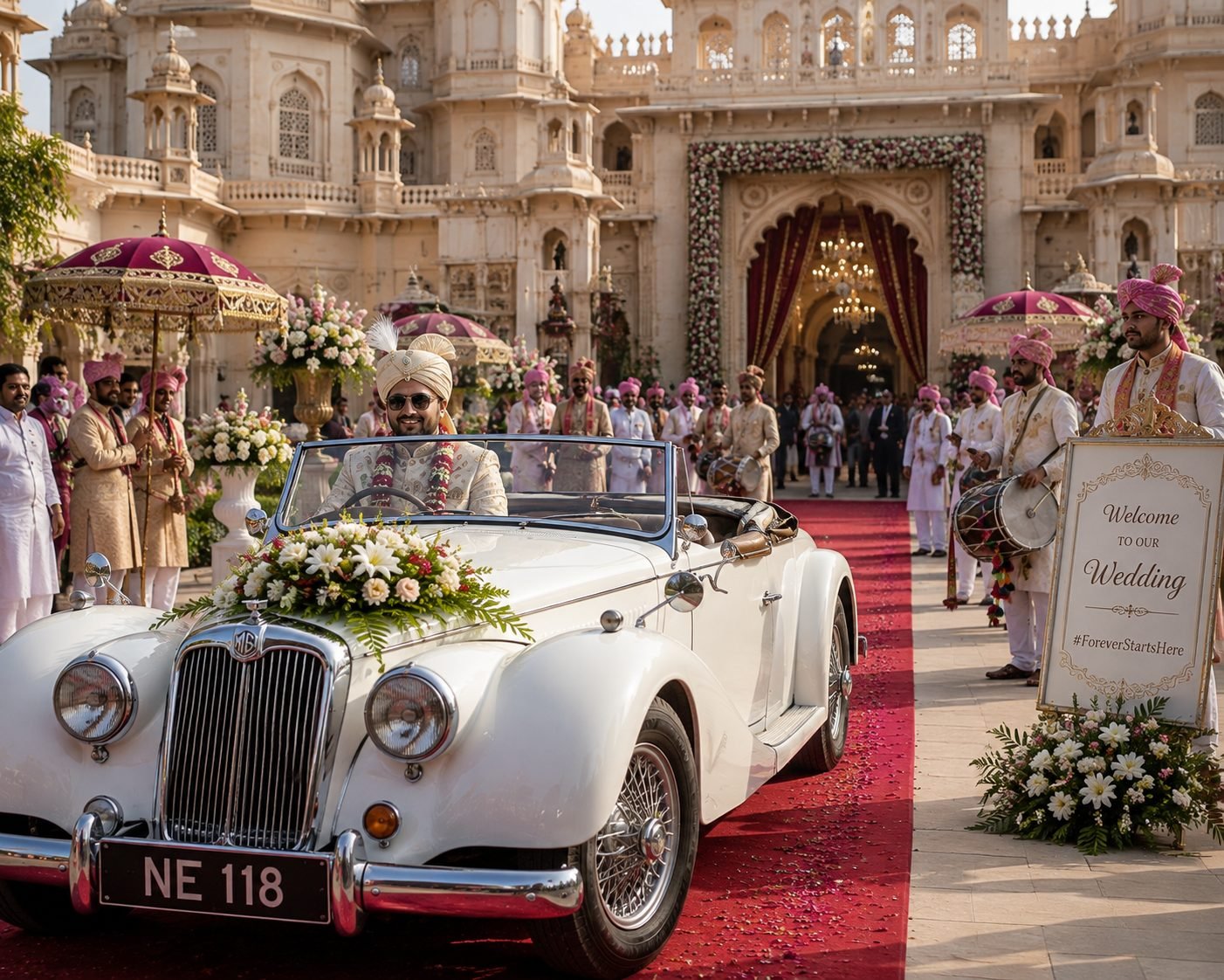 Groom arriving in a white vintage convertible on a red carpet with a band, wedding entry car in Udaipur
