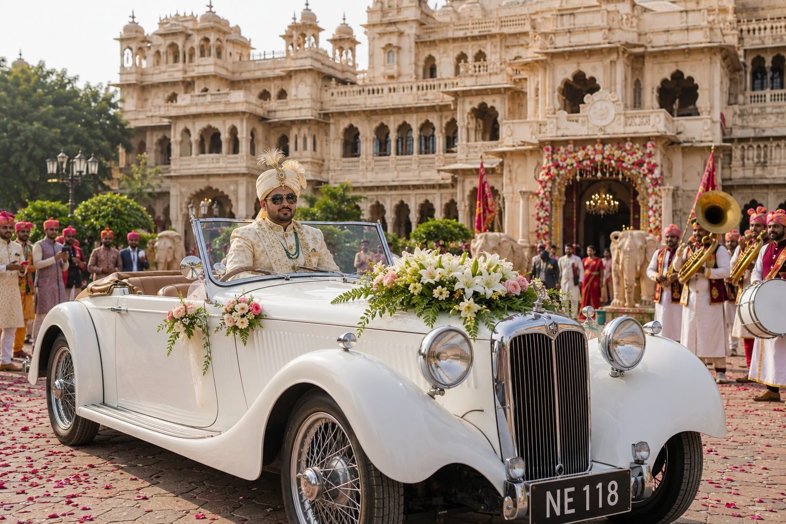 Groom in a flower-decorated white vintage car making a palace wedding entry in Udaipur