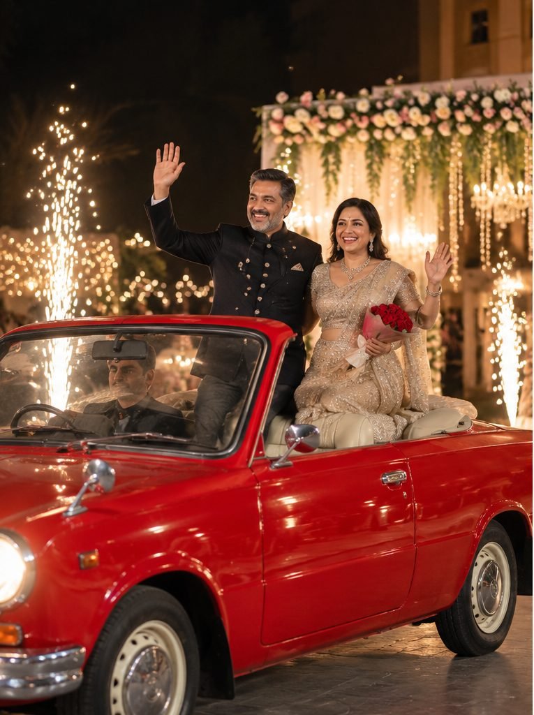 Couple waving from a red vintage convertible at a 25th anniversary entry in Udaipur