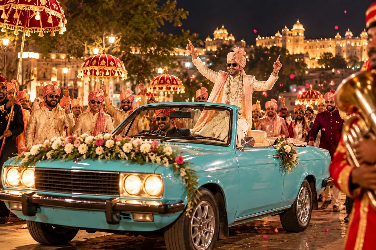 Groom dancing on a flower-decorated teal vintage convertible in a night baraat in Udaipur
