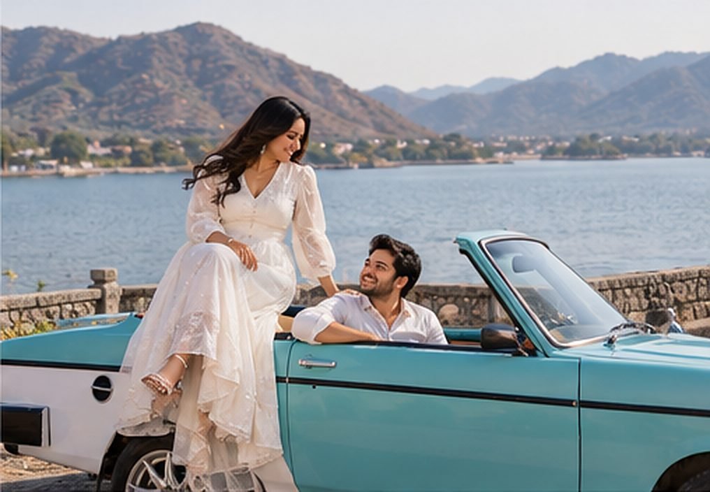 Couple with a teal vintage convertible beside the lake for a pre-wedding shoot in Udaipur