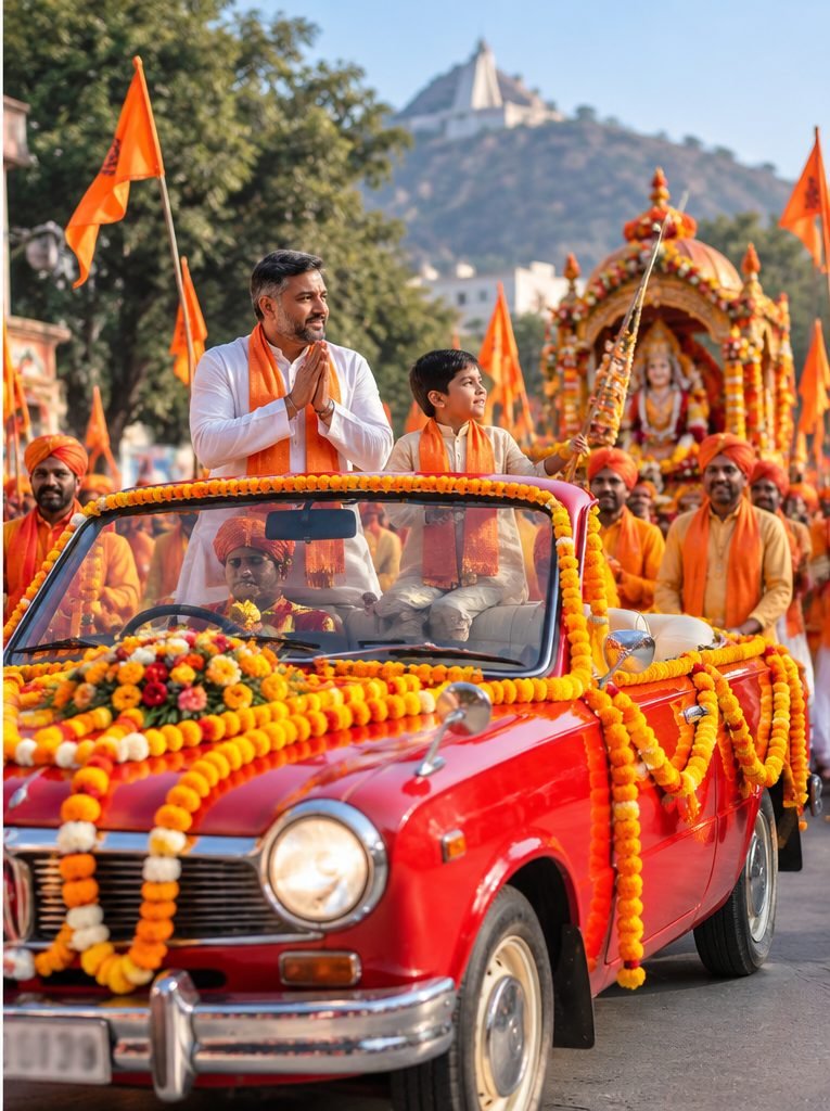 Red vintage car with marigold garlands leading a religious procession in Udaipur