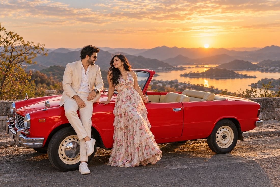 Couple on a hilltop at sunset with a red vintage convertible overlooking Udaipur's lakes