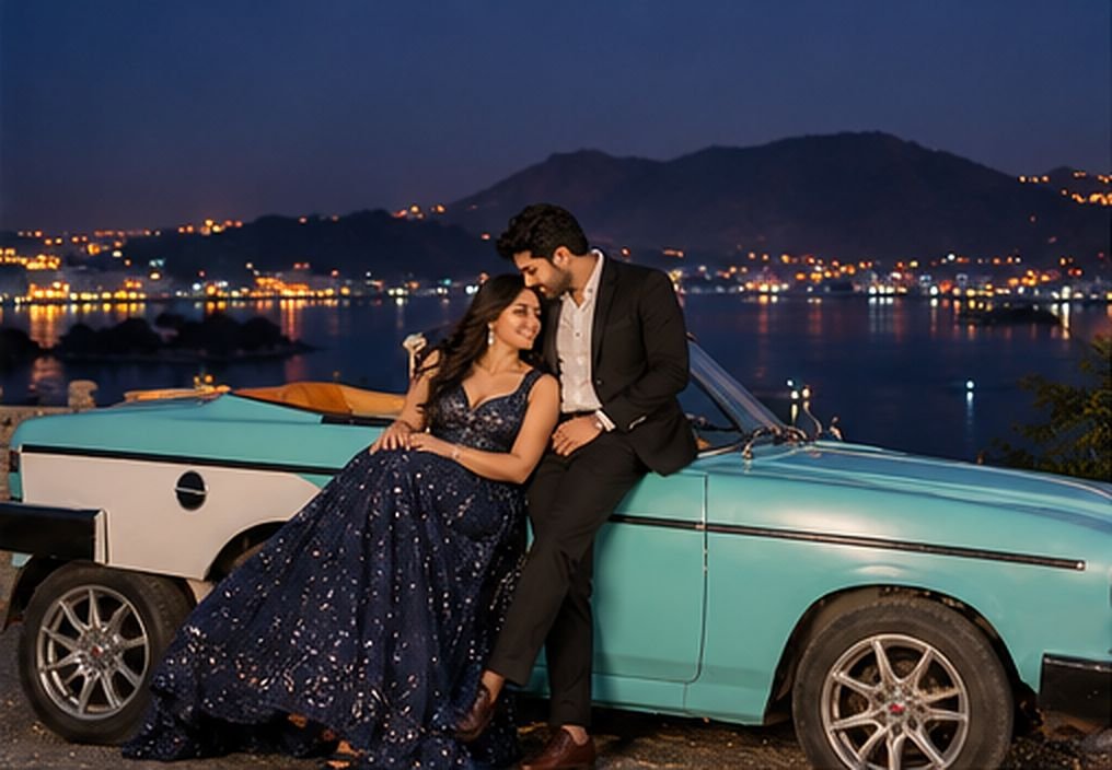 Couple in evening wear on a teal vintage convertible above the lit-up lake, Udaipur prewedding shoot