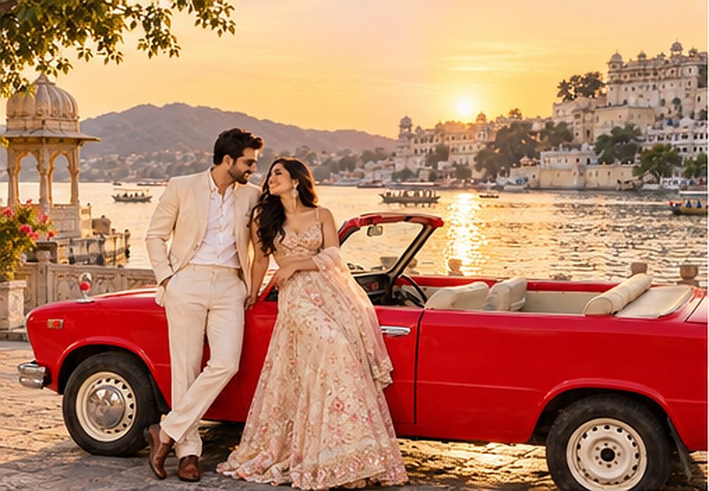 Couple with a red vintage convertible at sunset by the lake with a palace behind, Udaipur