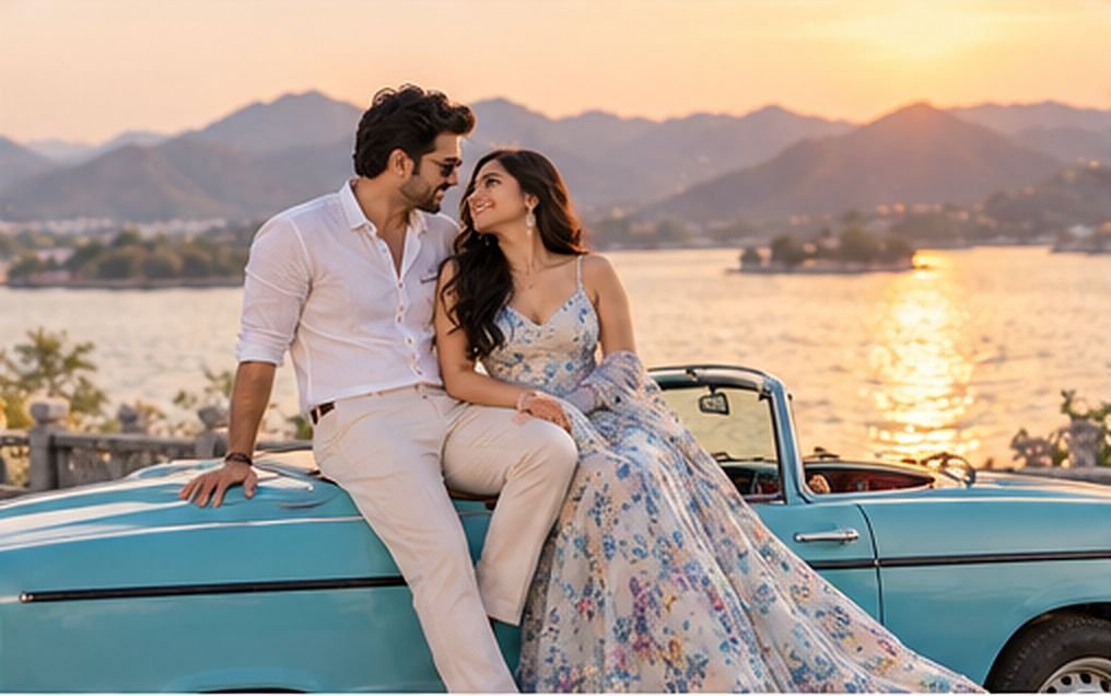 Couple seated on a teal vintage convertible at golden hour by the lake, Udaipur prewedding