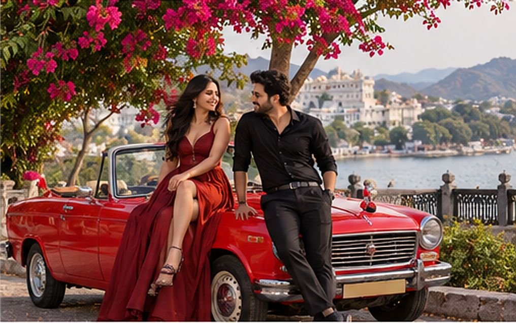 Couple with a red vintage convertible under bougainvillea by the lake in Udaipur