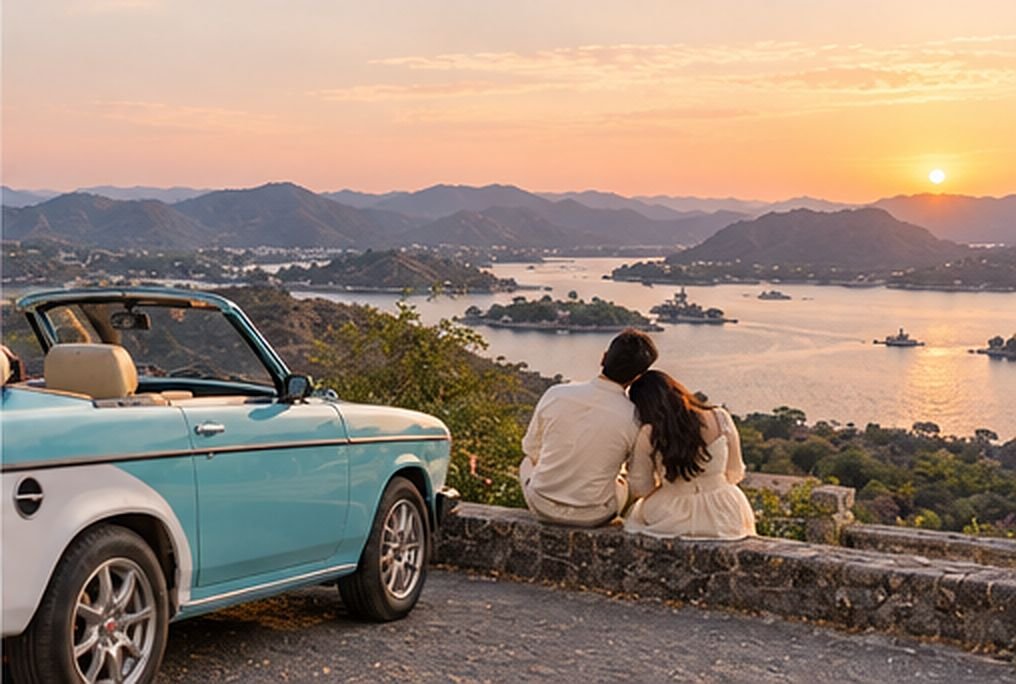 Couple watching the sunset over Udaipur's lakes beside a teal vintage convertible