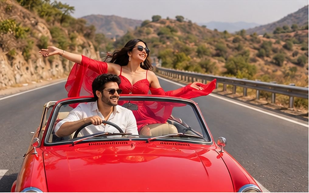 Woman with arms outstretched in a red vintage convertible on a hill road, prewedding shoot in Udaipur