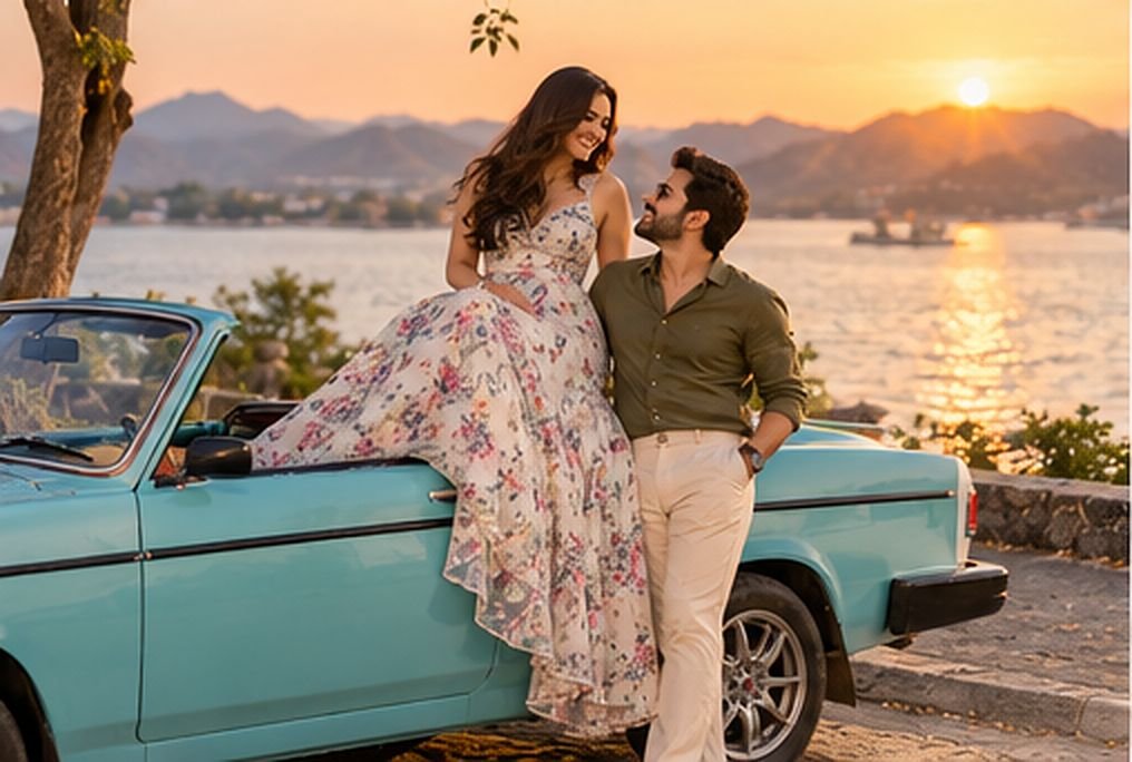 Couple in floral gown and olive shirt beside a teal vintage convertible at sunset, Udaipur