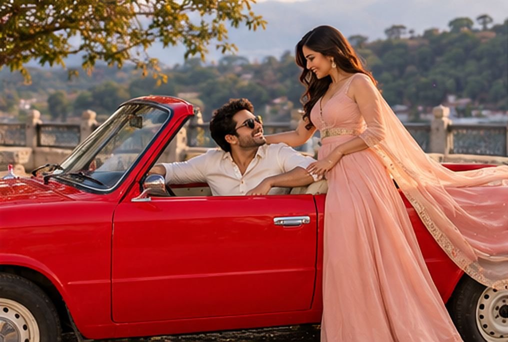 Couple in pink and cream outfits with a red vintage convertible, Udaipur prewedding shoot